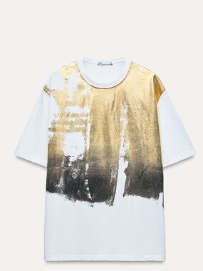 Zara White Short Sleeve Tee with Gold and Black Brush Print
